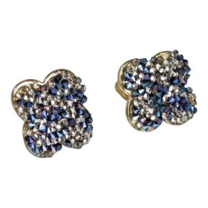 Four-Leaf Clover Stud Earrings Iridescent Rhinestone Gradient Gold Tone Metal